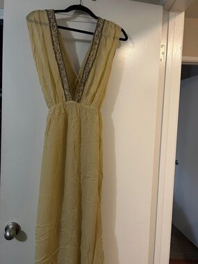 Zara Pale Yellow V-Neck Maxi with Beaded Trim